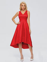 V-neck High-Low Satin Prom Dresses