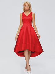 V-neck High-Low Satin Prom Dresses