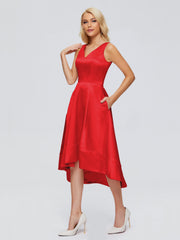 V-neck High-Low Satin Prom Dresses