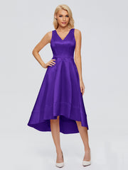 V-neck High-Low Satin Prom Dresses