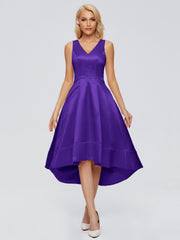 V-neck High-Low Satin Prom Dresses