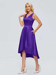 V-neck High-Low Satin Prom Dresses