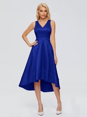V-neck High-Low Satin Prom Dresses