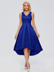 V-neck High-Low Satin Prom Dresses