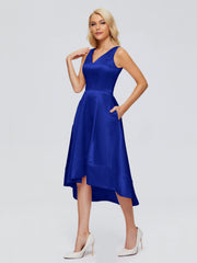 V-neck High-Low Satin Prom Dresses