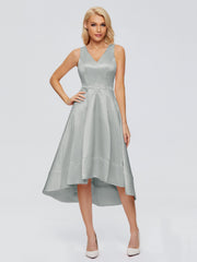 V-neck High-Low Satin Prom Dresses