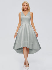 V-neck High-Low Satin Prom Dresses
