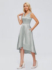 V-neck High-Low Satin Prom Dresses