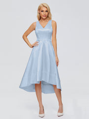 V-neck High-Low Satin Prom Dresses