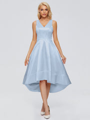 V-neck High-Low Satin Prom Dresses