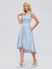 V-neck High-Low Satin Prom Dresses