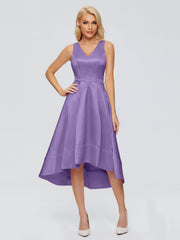 V-neck High-Low Satin Prom Dresses
