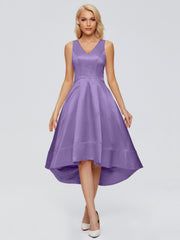 V-neck High-Low Satin Prom Dresses