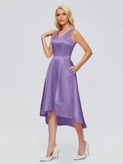 V-neck High-Low Satin Prom Dresses