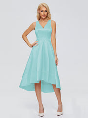 V-neck High-Low Satin Prom Dresses