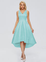 V-neck High-Low Satin Prom Dresses