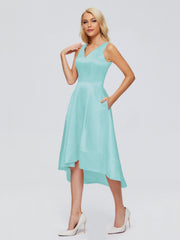 V-neck High-Low Satin Prom Dresses