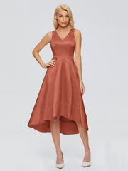 V-neck High-Low Satin Prom Dresses