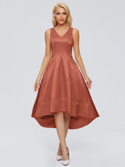 V-neck High-Low Satin Prom Dresses