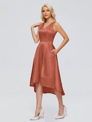 V-neck High-Low Satin Prom Dresses