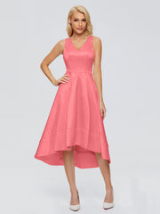 V-neck High-Low Satin Prom Dresses