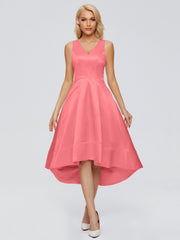 V-neck High-Low Satin Prom Dresses