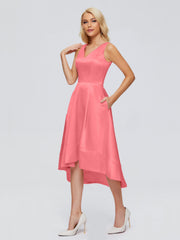 V-neck High-Low Satin Prom Dresses