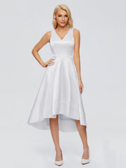V-neck High-Low Satin Prom Dresses