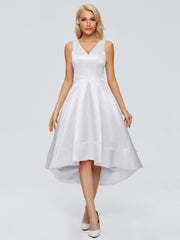 V-neck High-Low Satin Prom Dresses