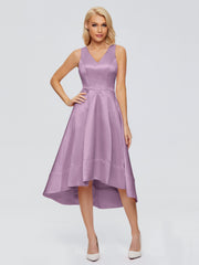 V-neck High-Low Satin Prom Dresses