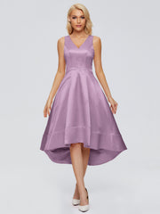 V-neck High-Low Satin Prom Dresses