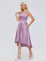 V-neck High-Low Satin Prom Dresses