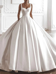 Royal Style Formal Wedding Dresses Ball Gown Square Neck Sleeveless Chapel Train Satin Bridal Gowns With Solid Color