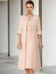 Aimishang Two Piece Sheath / Column Mother of the Bride Dress Church Elegant Winter With Jacket Short Sleeve V Neck Knee Length Lace Stretch Chiffon Appliques Side-Draped