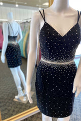 Black Beaded V-Neck Backless Short Party Dress