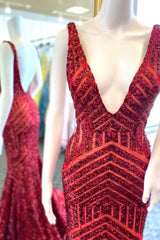 Plunging V-Neck  Sequins Sleeveless Mermaid Long Evening Prom Dress