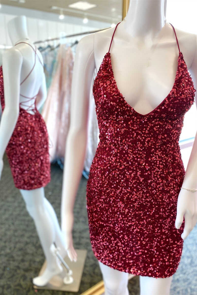 Red Sequin V-Neck Lace-Up Bodycon Short Dress