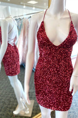 Red Sequin V-Neck Lace-Up Bodycon Short Dress