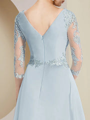 A-Line Mother of the Bride Dress Party Elegant V Neck Asymmetrical Lace Stretch Chiffon 3/4 Length Sleeve with Pleats