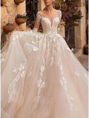 Formal Wedding Dresses A-Line V Neck Long Sleeve Court Train Tulle Bridal Gowns With Pleats Appliques