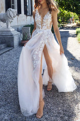 Attractive Illusion Deep V Neck Lace Appliques Boho Wedding Dress with Slit Sexy