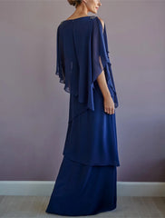 A-Line Mother of the Bride Dress Formal Wedding Guest Elegant Bateau Neck Floor Length Chiffon Half Sleeve with Ruffles Draping Tier