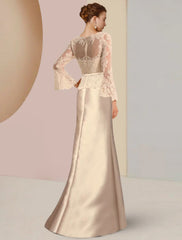 Sheath / Column Mother of the Bride Dress Wedding Guest Elegant Scoop Neck Sweep / Brush Train Satin Lace Long Sleeve with Beading Appliques