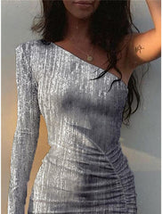 Women's Party Dress Homecoming Dress Cocktail Dress Mini Dress Silver Long Sleeve Pure Color Ruched Fall Winter Autumn One Shoulder Fashion Winter Dress Wedding Guest Birthday