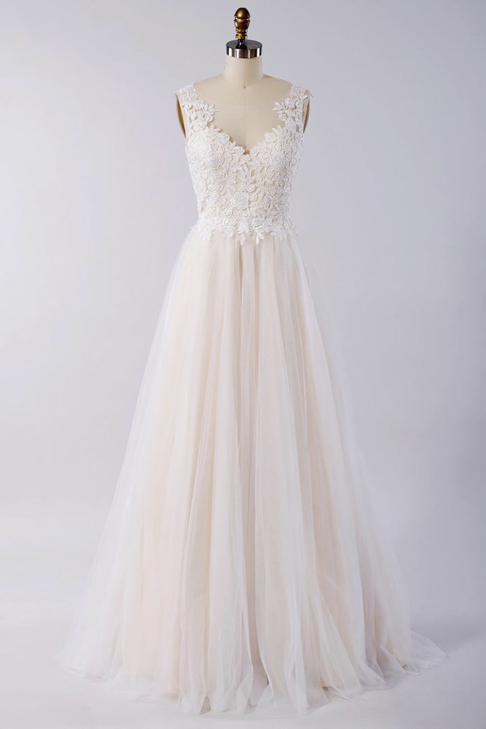 Geweldige lange A-Line Appliques Lace Tule Open Back Wedding Jurk