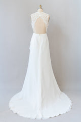 Geweldige lange schede kant chiffon backless trouwjurk