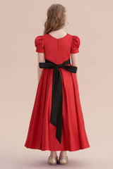 Awesome Short Sleeve A-line Satin Flower Girl Dress with Ribbons