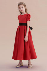 Awesome Short Sleeve A-line Satin Flower Girl Dress with Ribbons