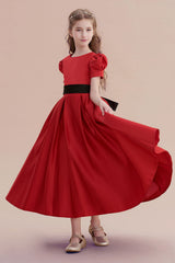 Awesome Short Sleeve A-line Satin Flower Girl Dress with Ribbons