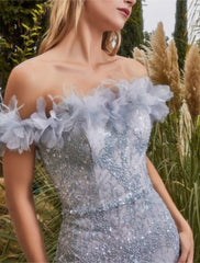 Mermaid / Trumpet Prom Dresses Sparkle Dress Graduation Prom Sweep / Brush Train Sleeveless Off Shoulder Organza with Rhinestone Feather Glitter